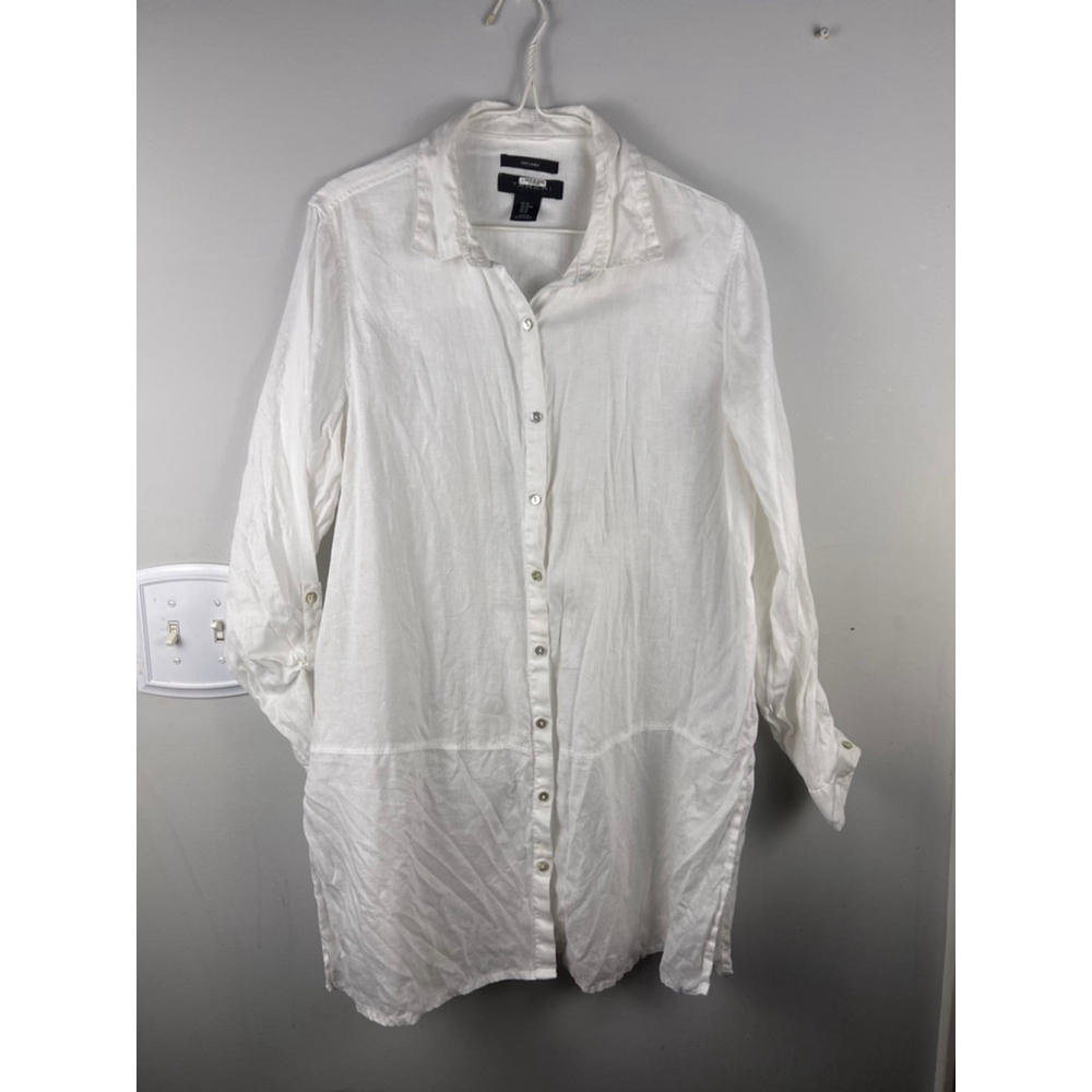 Tahari White 100% Linen Button Front Tunic Shirt Dress Tie Sleeves M Coastal